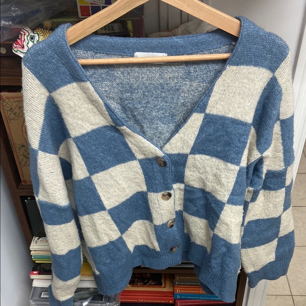 OAK + FORT Blue and Cream Checkerboard Knit Cardigan